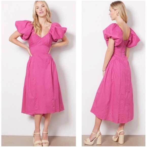 FRAME Puff-sleeve Textured Midi Dress V-neck A-line High Low Flounce Hem Small - Picture 1 of 16